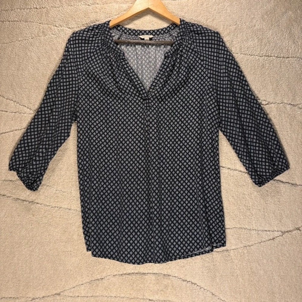 Sonoma Life + Style Women's Medium Navy White Floral 3/4 Sleeve Blouse*